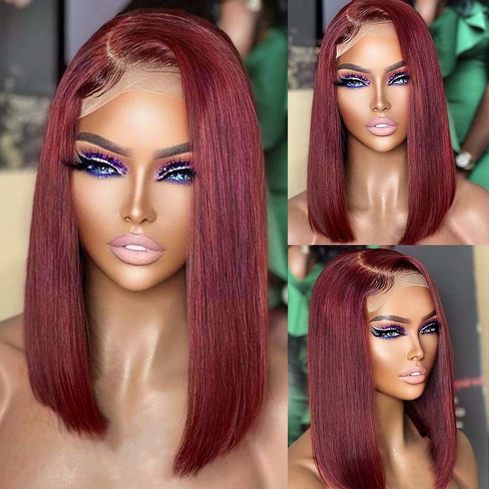 Silky Straight Glueless Short Bob 13x4 HD Lace Front Human Hair Wig, Color 99J