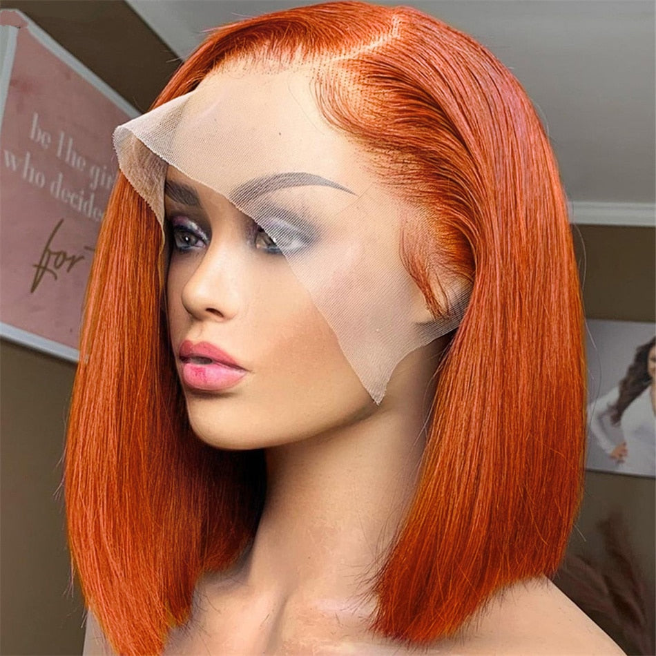 Silky Straight Ginger Glueless Short Bob 13x4 HD Lace Front Human Hair Wig