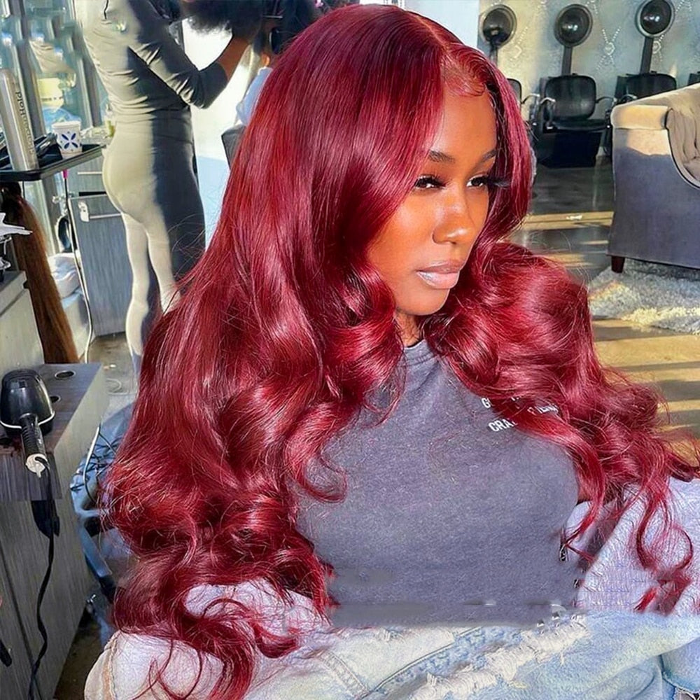Glueless Burgundy HD Lace Frontal Wigs, 13x4 Body Wave Colored Lace Front Human Hair Wig, Virgin Indian Human Hair Lace Wigs