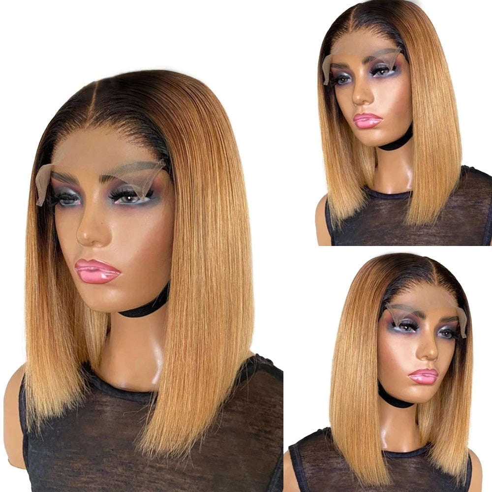 Silky Straight Honey Blonde Glueless Short Bob 13x4 HD Lace Front Human Hair Wig