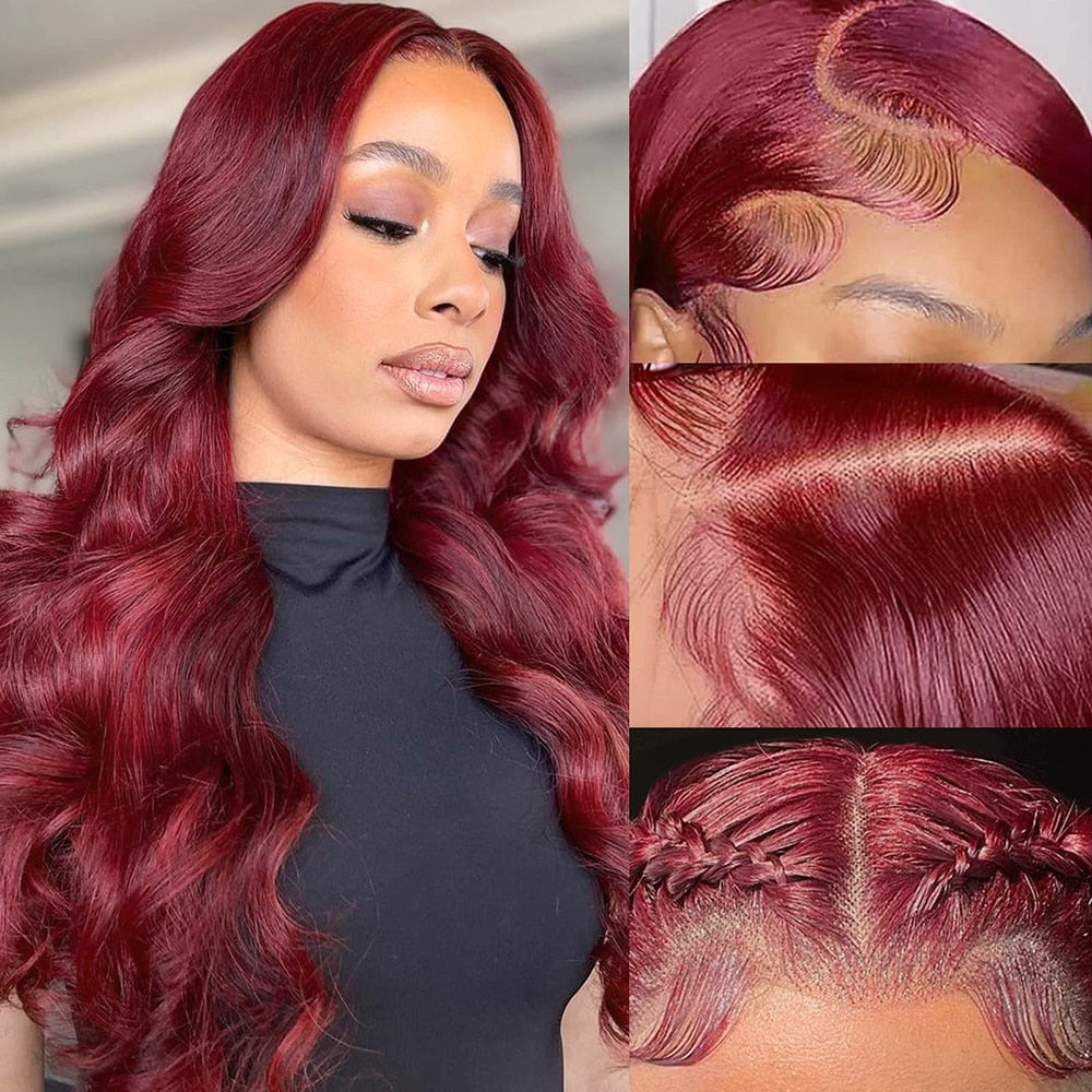 Glueless Burgundy HD Lace Frontal Wigs, 13x4 Body Wave Colored Lace Front Human Hair Wig, Virgin Indian Human Hair Lace Wigs