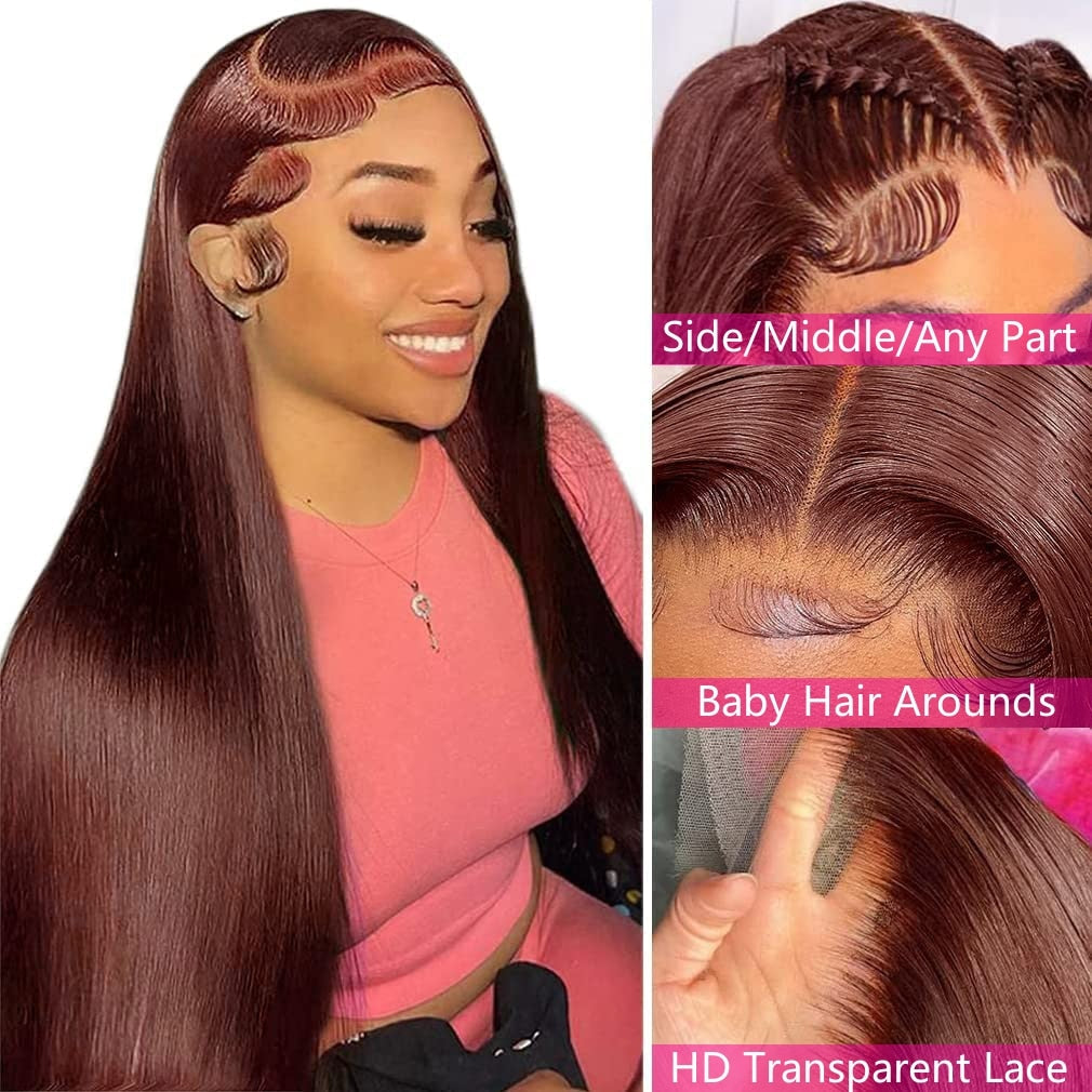 Reddish Brown 360 Full HD Lace Raw Brazilian Silky Straight Frontal Wigs, Virgin Brazilian Human Hair Lace Wigs
