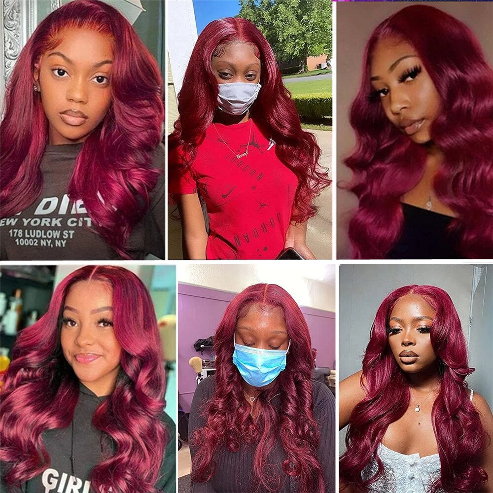 Burgundy Brazilian Body Wave 13x6 Transparent Lace Front Virgin Human Hair Wig