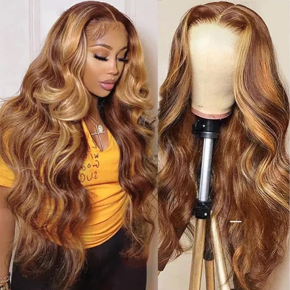 Brazilian Body Wave Honey Blonde Highlight 13x6 Transparent Lace Front Human Hair Wigs