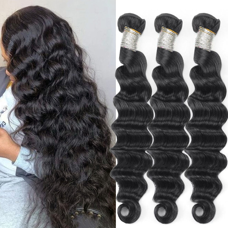 40" Virgin Remy Brazilian Loose Deep Wave Human Hair Bundle, Grade 15A, Natural 1B, 3 Bundles/Package