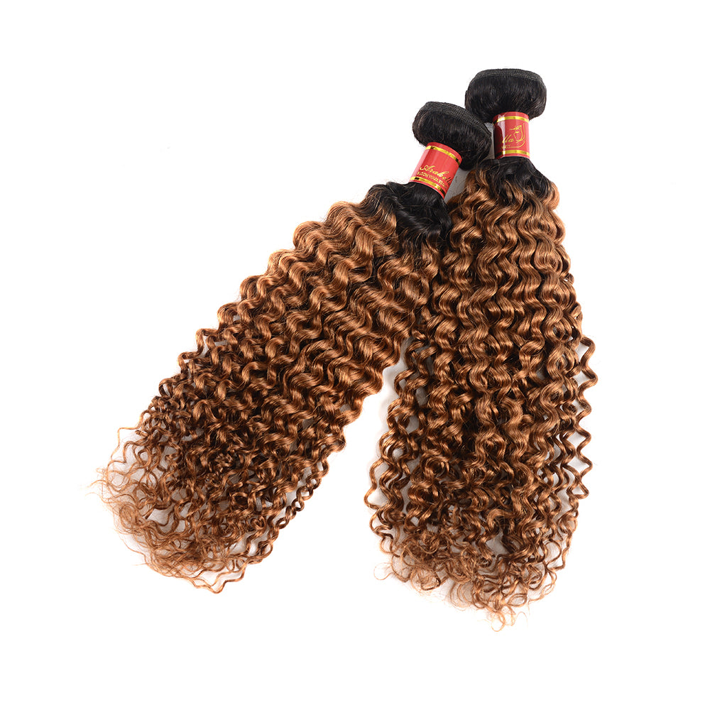 Peruvian Jerry Curl Virgin Human Hair Bundle, Grade 12A, Color T1B30, 3 bundles/package
