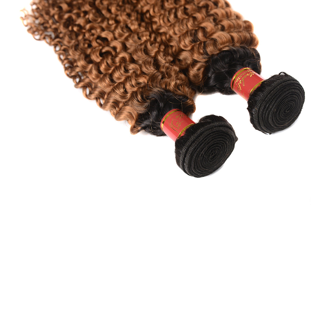 Peruvian Jerry Curl Virgin Human Hair Bundle, Grade 12A, Color T1B30, 3 bundles/package