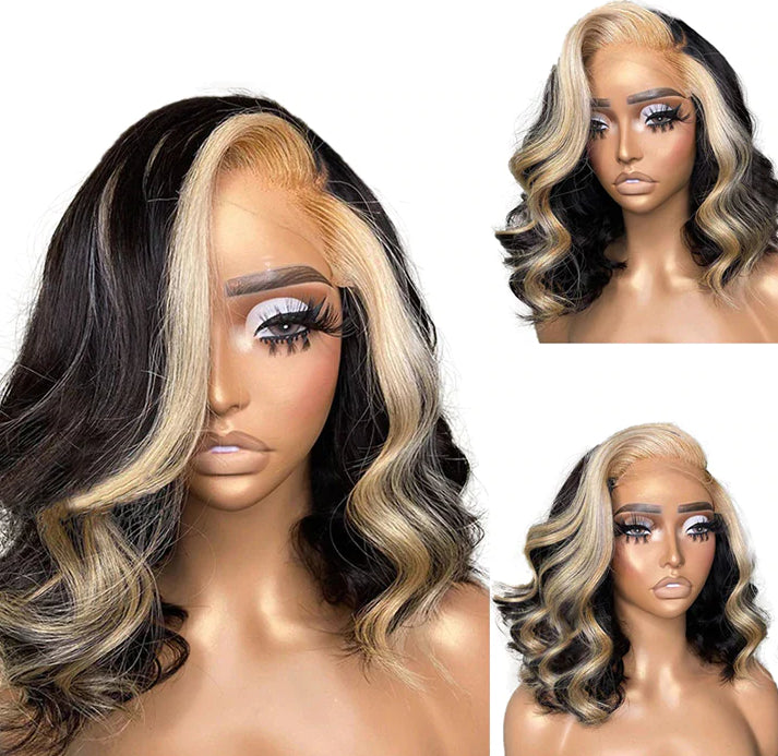 New Body Wave Honey Blonde Highlight 13x4 HD Lace Frontal Human Hair Bob Wig