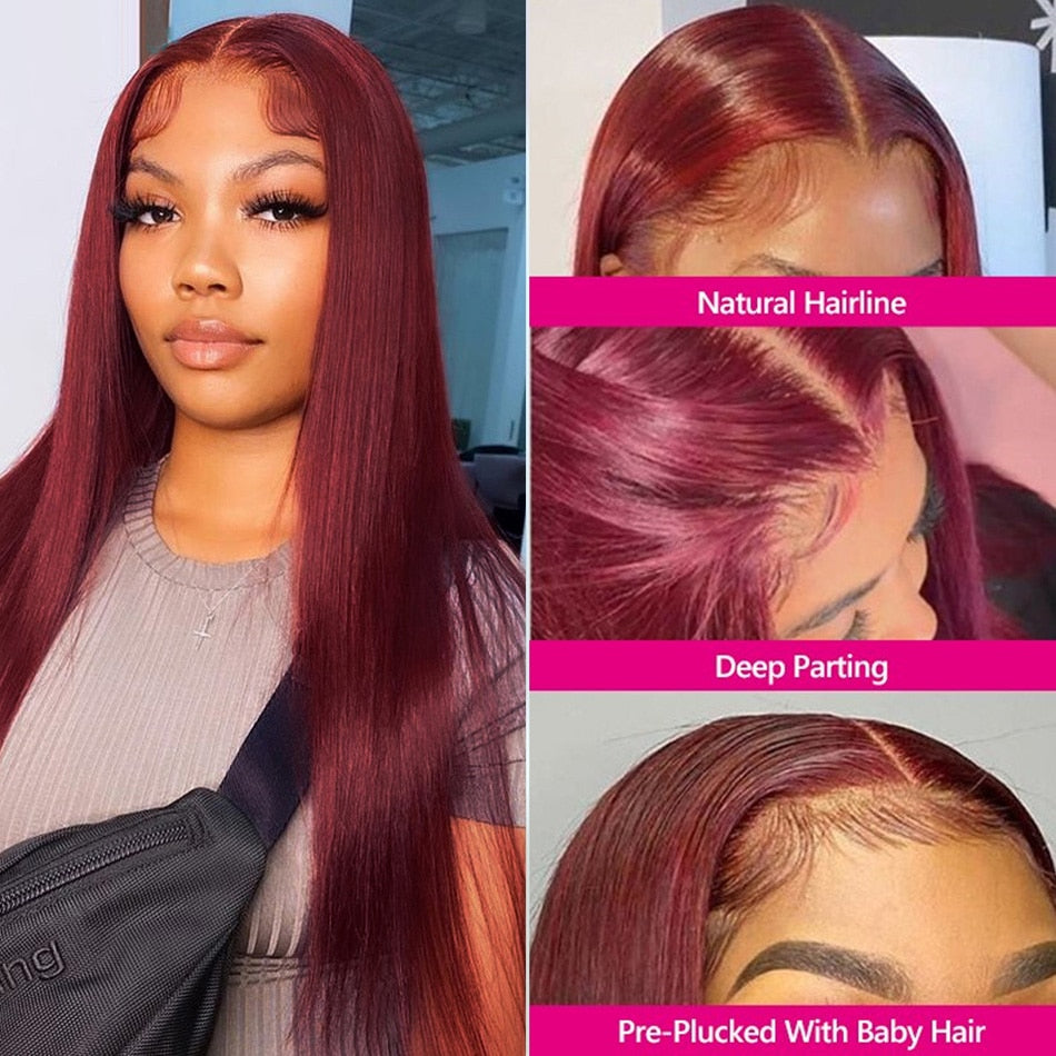 Brazilian Silky Straight Human Hair Wig, 5x5 Closure, Transparent Lace Front Wig, Color 99J
