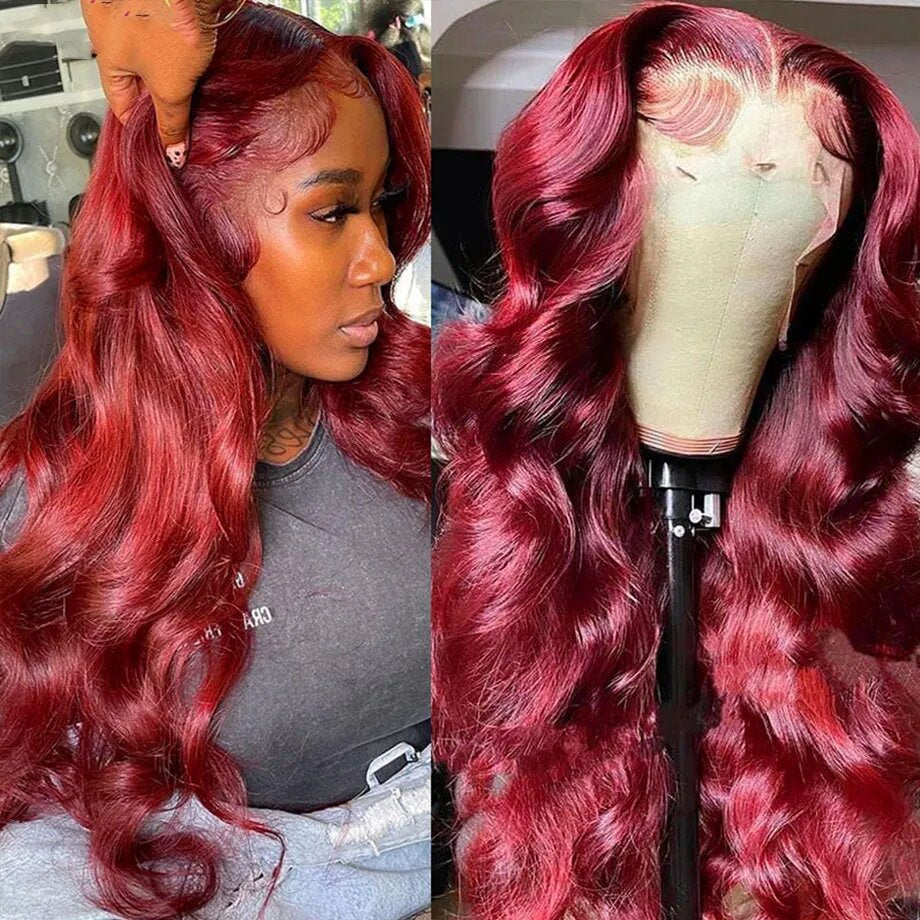 Glueless Burgundy HD Lace Frontal Wigs, 13x4 Body Wave Colored Lace Front Human Hair Wig, Virgin Indian Human Hair Lace Wigs