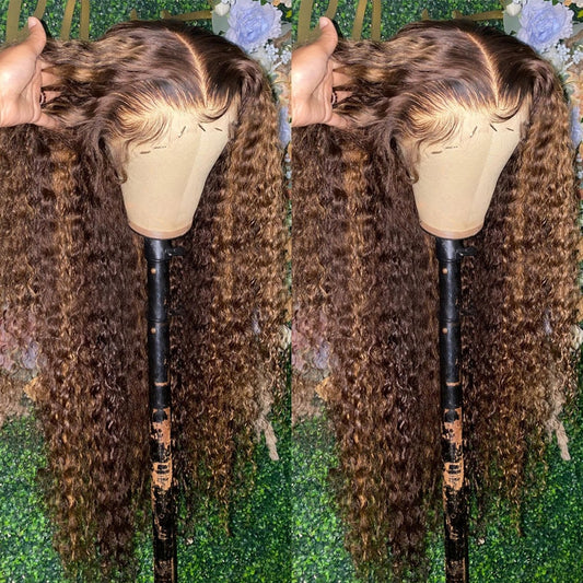 Virgin Brazilian Highlight Honey Brown 13x4 Deep Curly Human Hair HD Lace Front Wigs