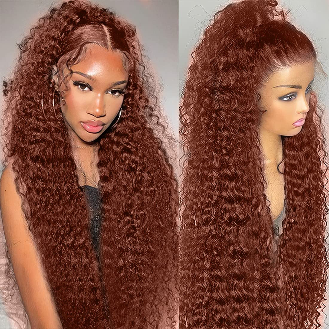 Virgin Brazilian Reddish Brown Deep Curly Human Hair 13x4 HD Lace Frontal Wigs