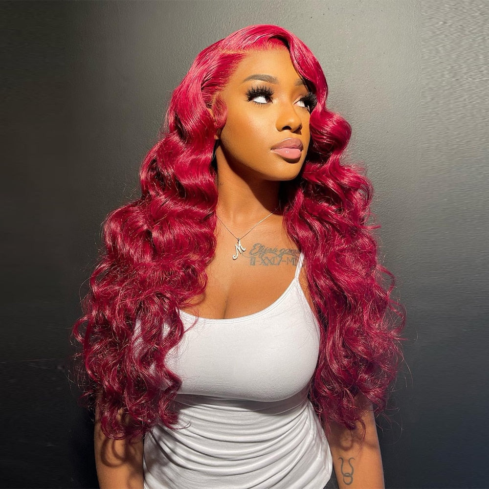 Burgundy Brazilian Body Wave 13x6 Transparent Lace Front Virgin Human Hair Wig