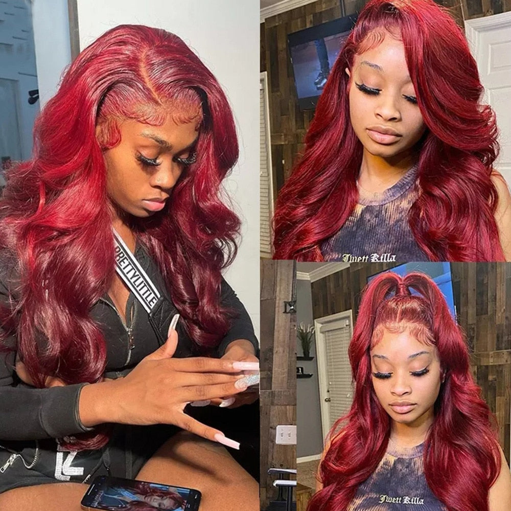 Burgundy Brazilian Body Wave 13x6 Transparent Lace Front Virgin Human Hair Wig
