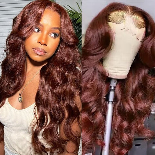 Glueless Reddish Brown HD Lace Frontal Wigs, 13x4 Body Wave Colored Lace Front Human Hair Wigs