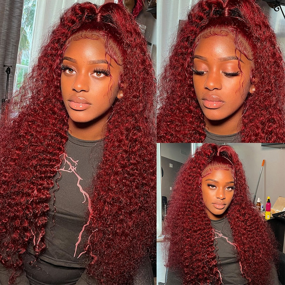 Virgin Brazilian Burgundy 13x4 Deep Curly Human Hair HD Lace Front Wigs