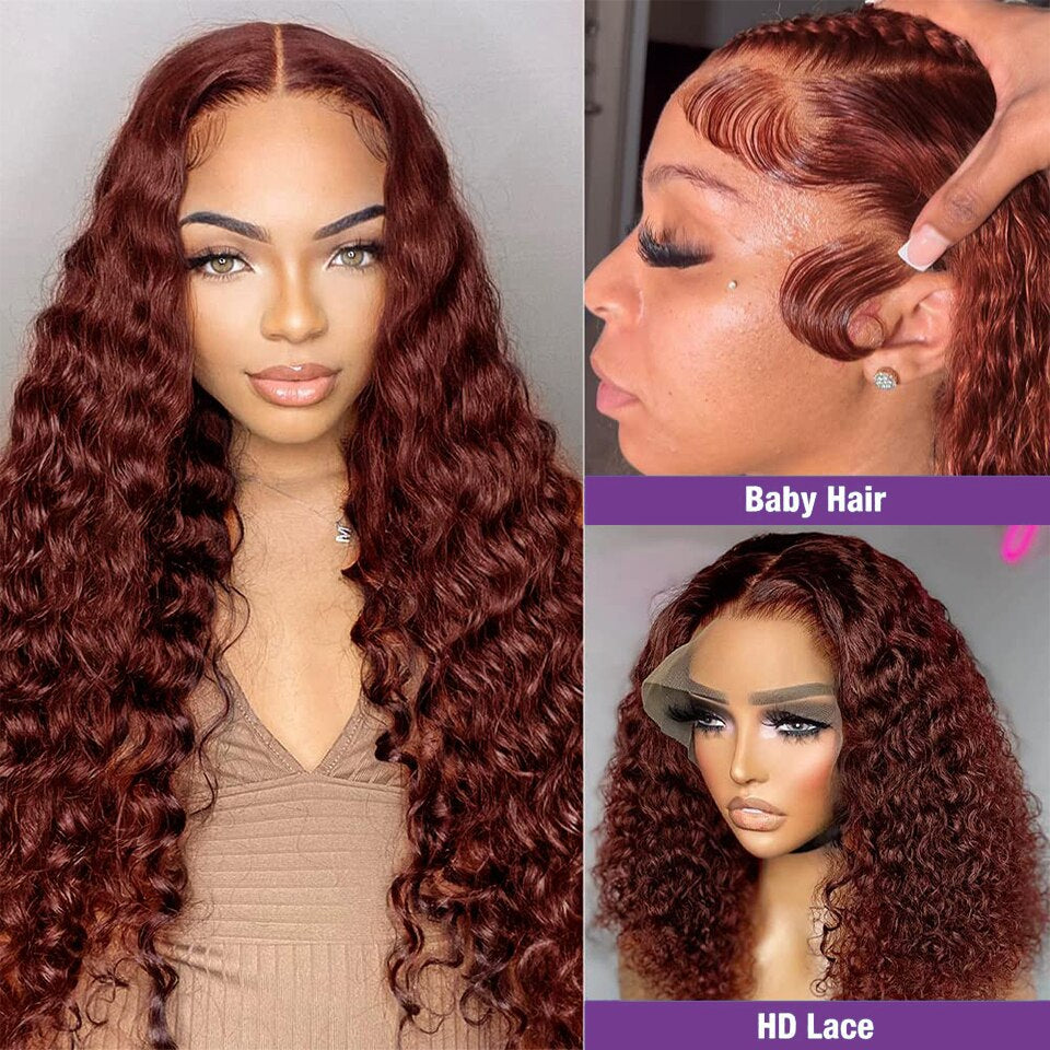 Virgin Brazilian Reddish Brown Deep Curly Human Hair 13x4 HD Lace Frontal Wigs