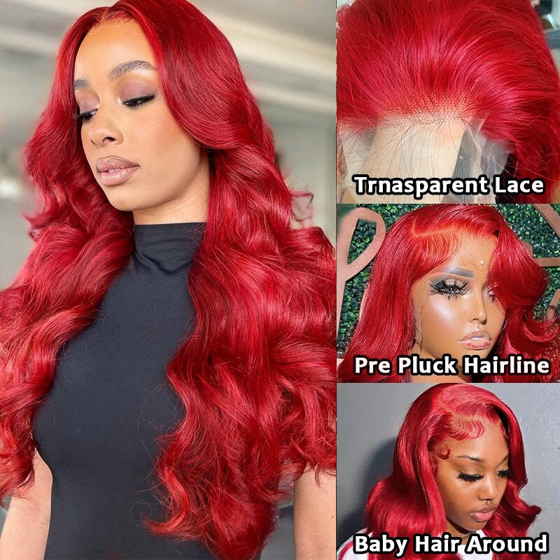 Red Brazilian Body Wave 13x6 Transparent Lace Front Virgin Human Hair Wig