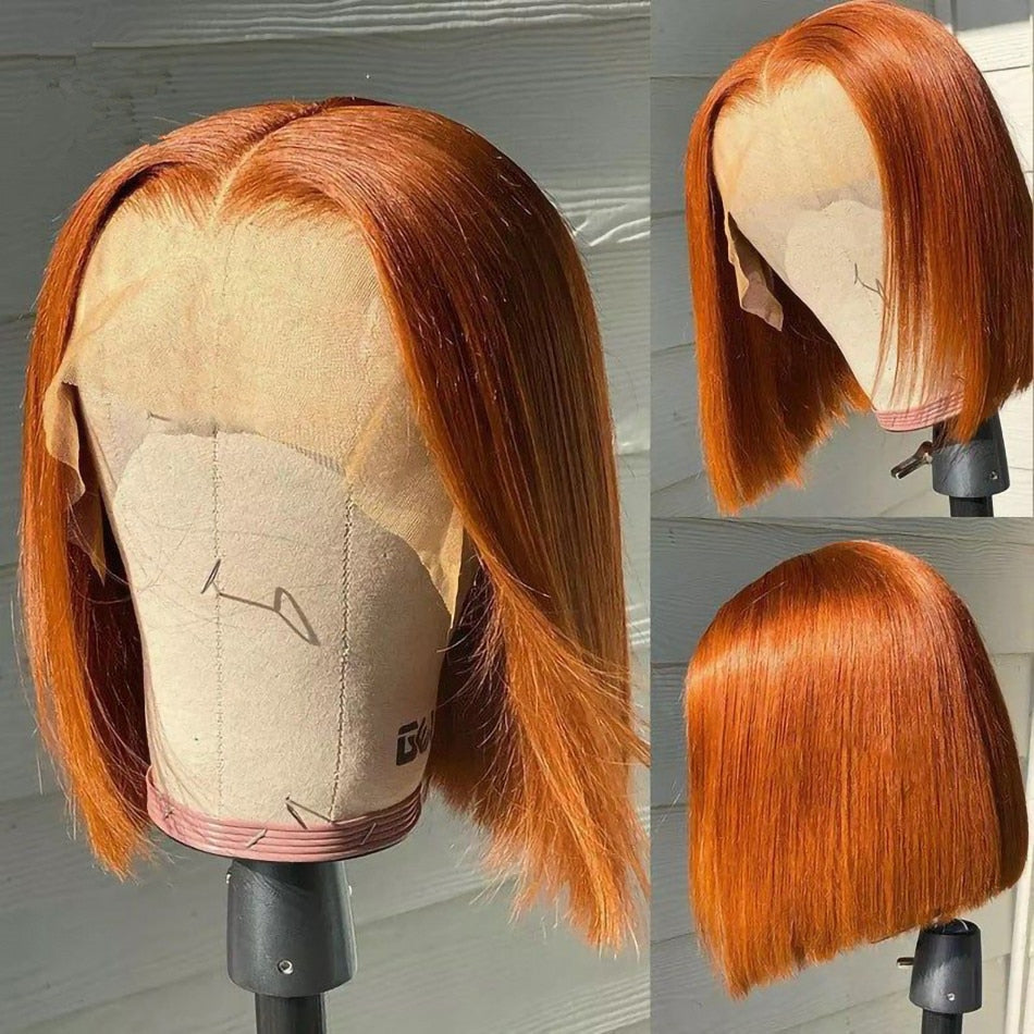 Silky Straight Ginger Glueless Short Bob 13x4 HD Lace Front Human Hair Wig