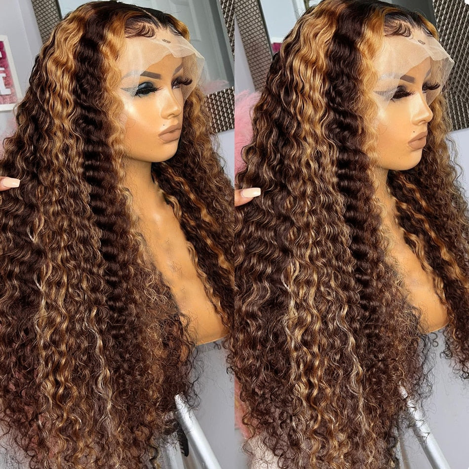 Virgin Brazilian Highlight Honey Brown 13x4 Deep Curly Human Hair HD Lace Front Wigs