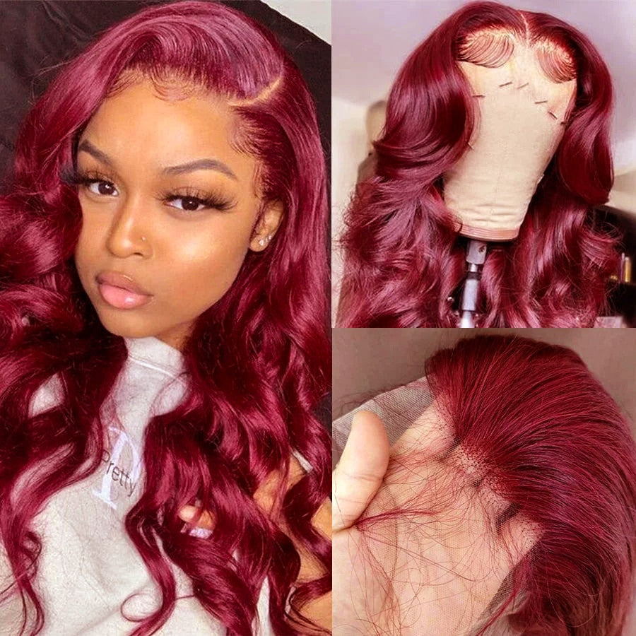 Glueless Burgundy HD Lace Frontal Wigs, 13x4 Body Wave Colored Lace Front Human Hair Wig, Virgin Indian Human Hair Lace Wigs