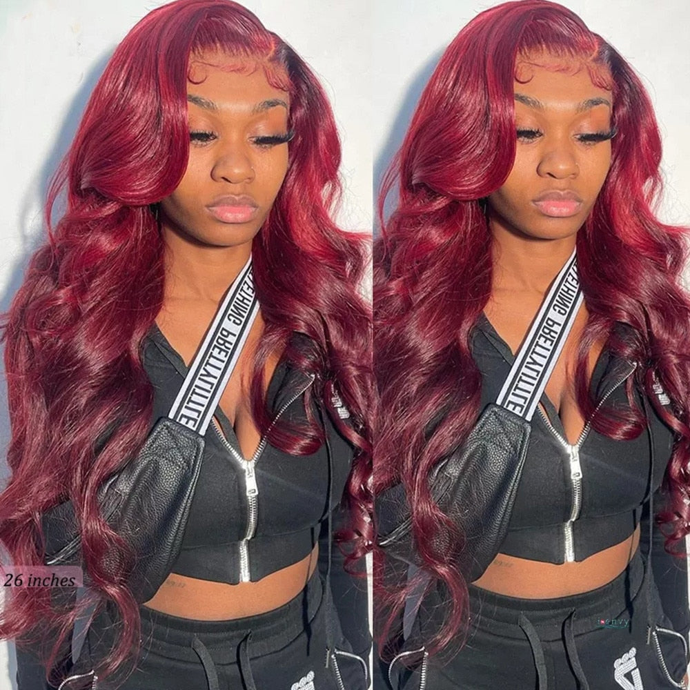 Burgundy Brazilian Body Wave 13x6 Transparent Lace Front Virgin Human Hair Wig