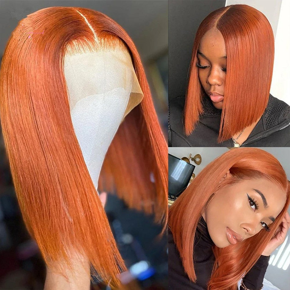 Silky Straight Ginger Glueless Short Bob 13x4 HD Lace Front Human Hair Wig