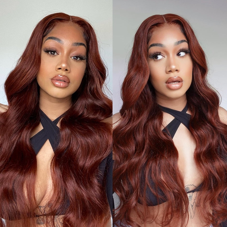 Glueless Reddish Brown HD Lace Frontal Wigs, 13x4 Body Wave Colored Lace Front Human Hair Wigs