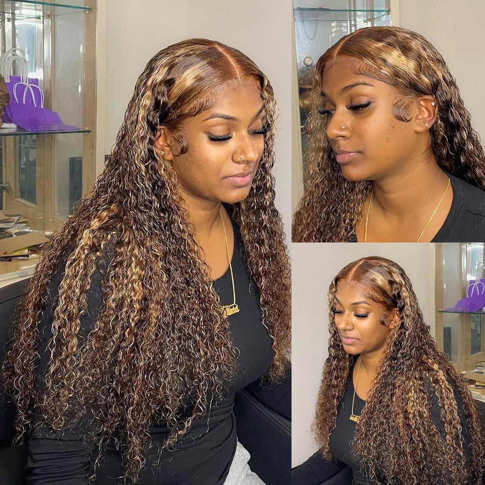 Virgin Brazilian Highlight Honey Brown 13x4 Deep Curly Human Hair HD Lace Front Wigs