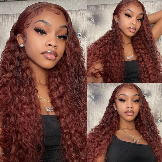 Virgin Brazilian Reddish Brown Deep Curly Human Hair 13x4 HD Lace Frontal Wigs