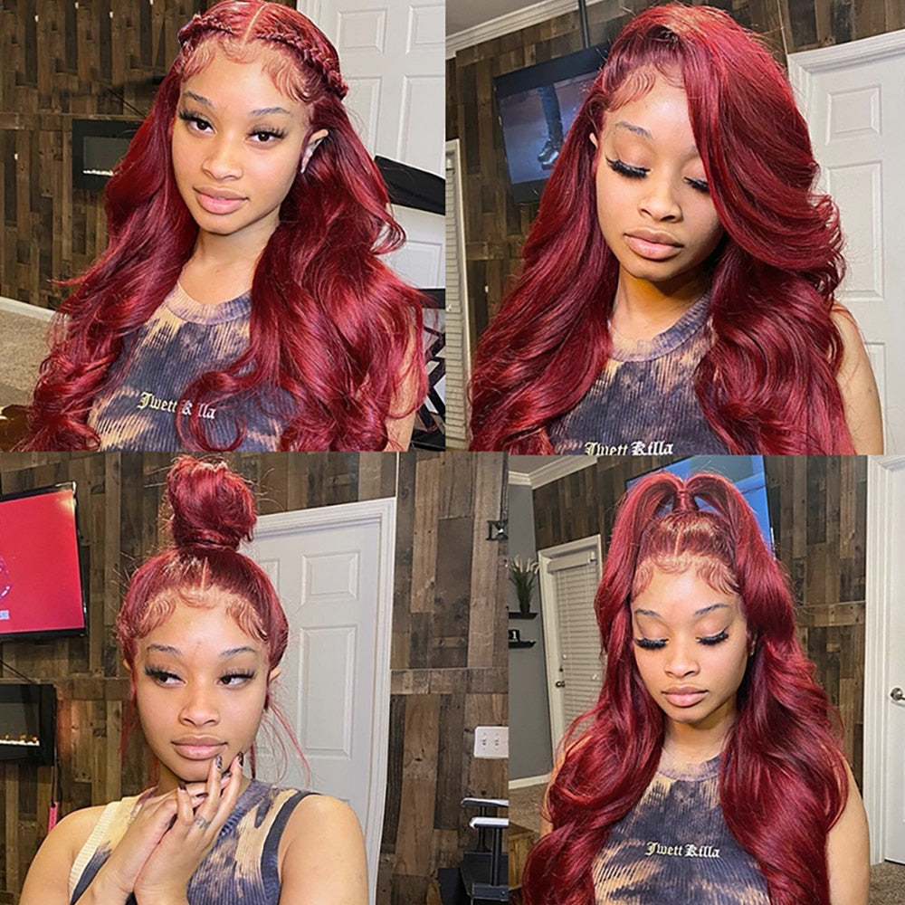 Glueless Burgundy HD Lace Frontal Wigs, 13x4 Body Wave Colored Lace Front Human Hair Wig, Virgin Indian Human Hair Lace Wigs