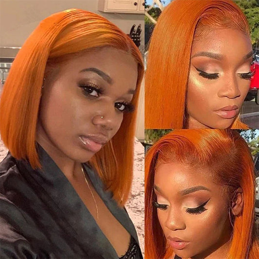 Silky Straight Ginger Glueless Short Bob 13x4 HD Lace Front Human Hair Wig