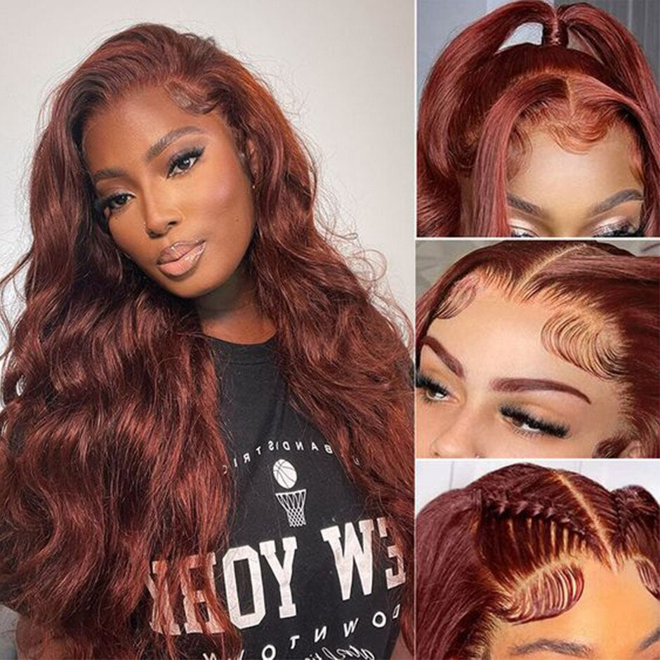 Glueless Reddish Brown HD Lace Frontal Wigs, 13x4 Body Wave Colored Lace Front Human Hair Wigs
