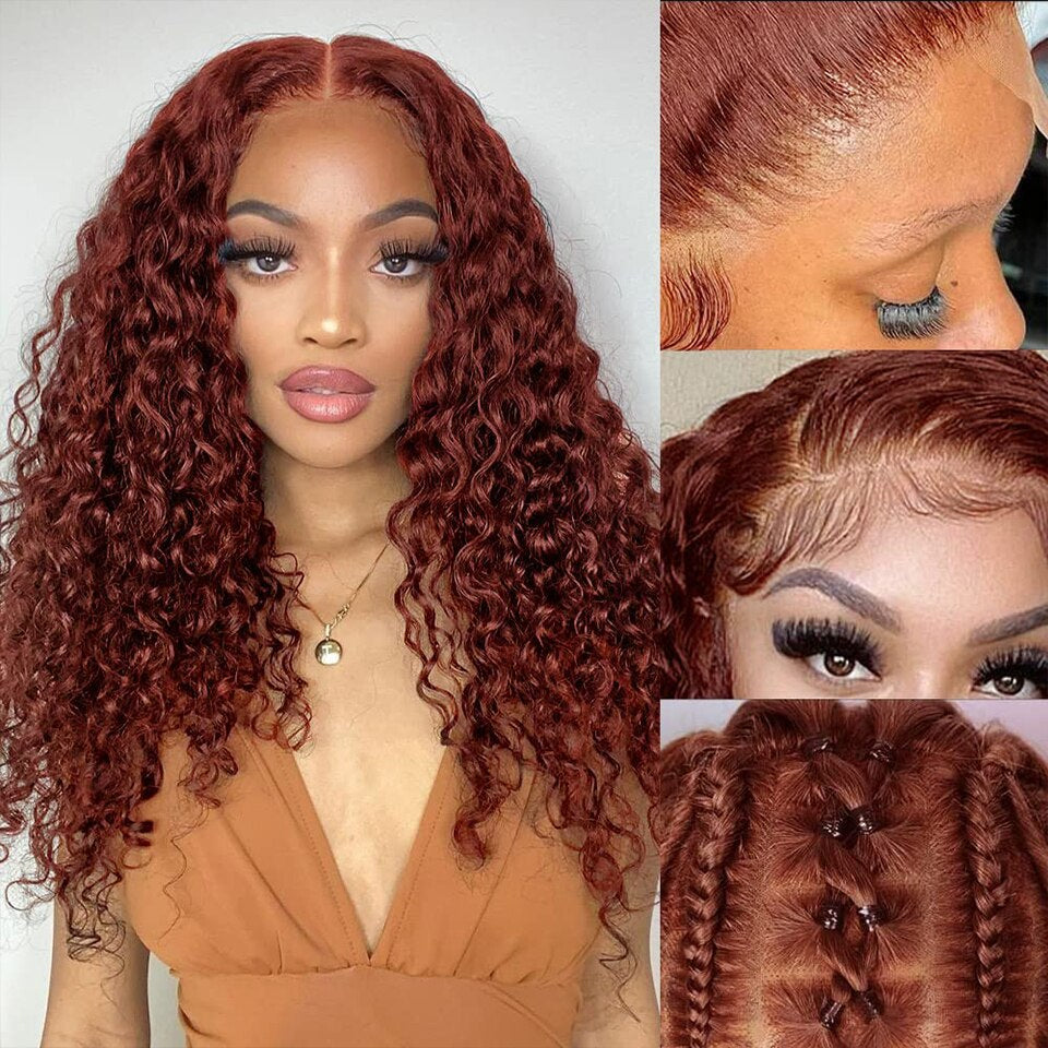 Virgin Brazilian Reddish Brown Deep Curly Human Hair 13x4 HD Lace Frontal Wigs