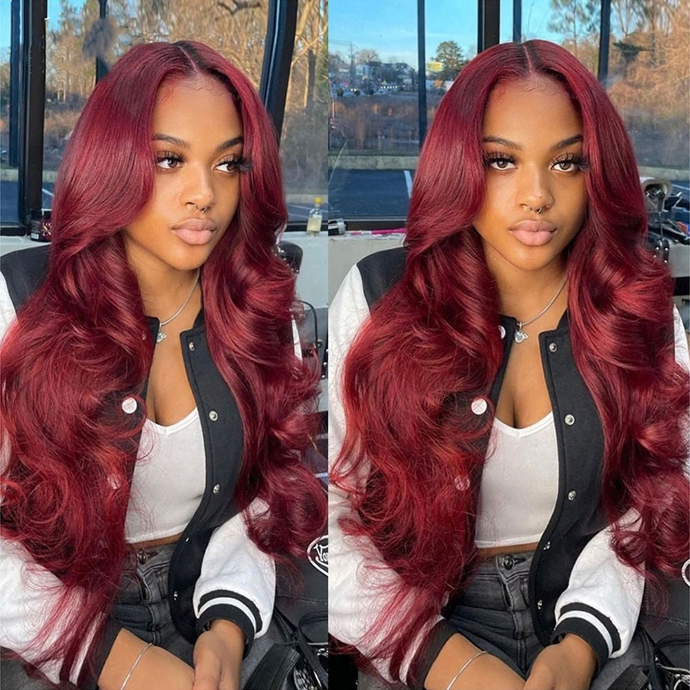 Glueless Burgundy HD Lace Frontal Wigs, 13x4 Body Wave Colored Lace Front Human Hair Wig, Virgin Indian Human Hair Lace Wigs