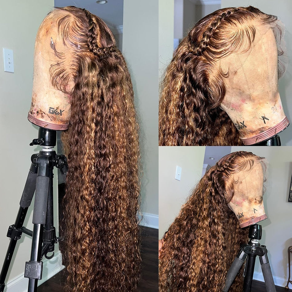Virgin Brazilian Highlight Honey Brown 13x4 Deep Curly Human Hair HD Lace Front Wigs