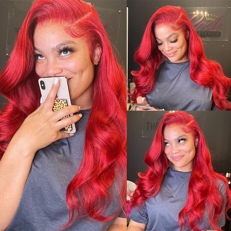 Red Brazilian Body Wave 13x6 Transparent Lace Front Virgin Human Hair Wig