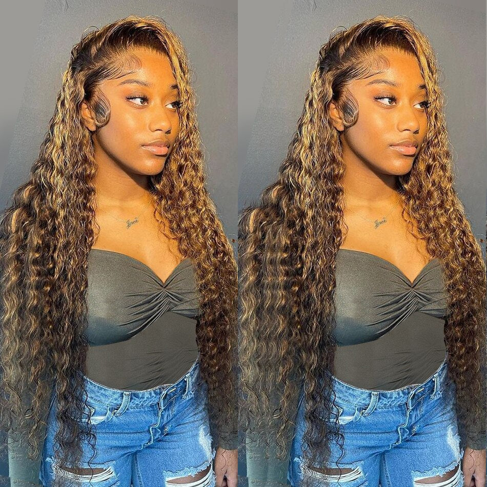 Virgin Brazilian Highlight Honey Brown 13x4 Deep Curly Human Hair HD Lace Front Wigs