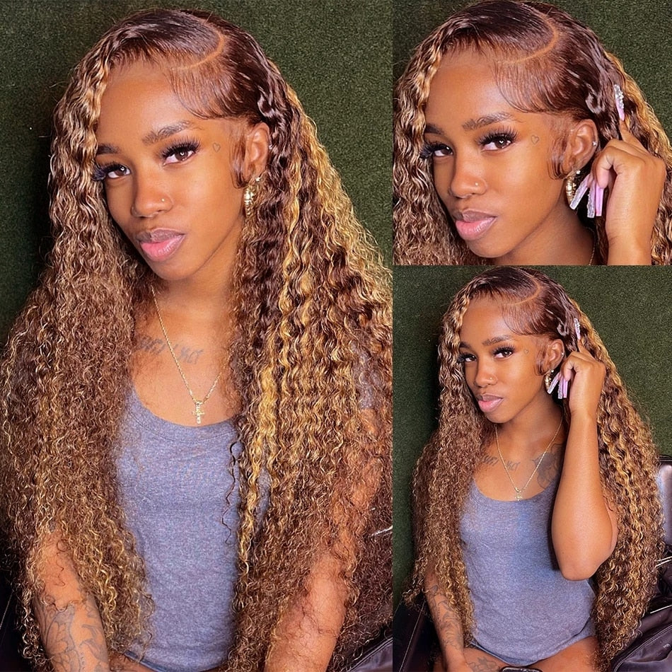 Virgin Brazilian Highlight Honey Brown 13x4 Deep Curly Human Hair HD Lace Front Wigs