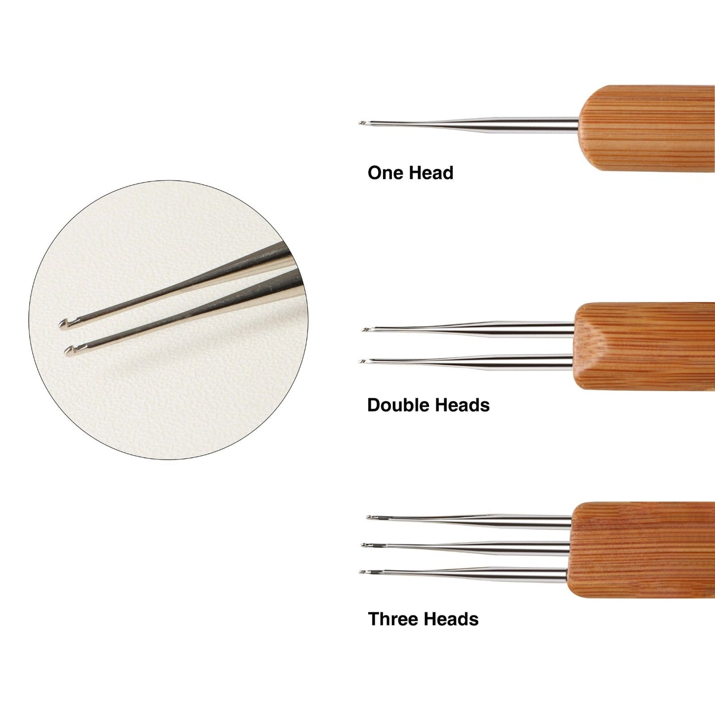 Single, Double, or Triple 0.4mm Crochet Dreadlock Tool with Bamboo Handle