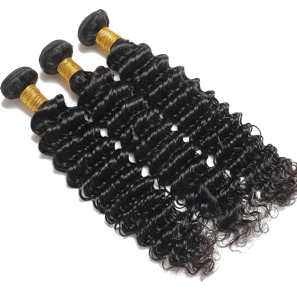 Peruvian Deep Wave Unprocessed Virgin Human Hair, Grade 12A, Color 1B Natural, 3 bundles/package