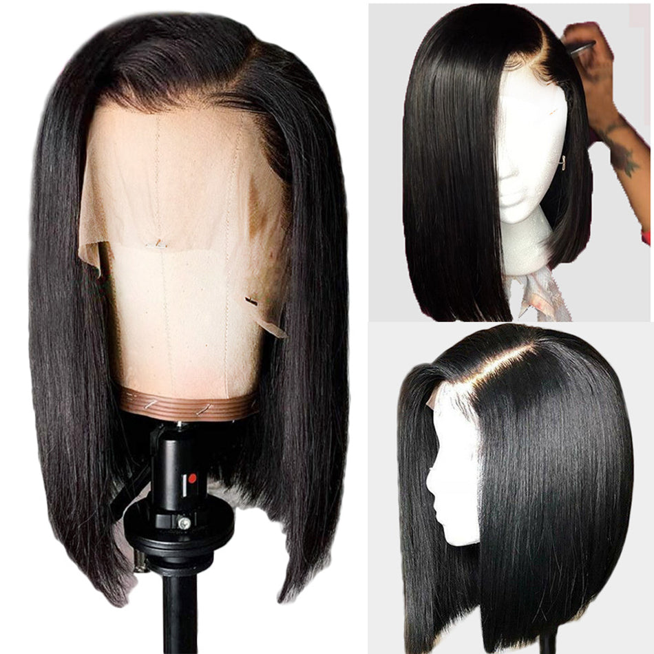 Peruvian Silky Straight 13x6 Transparent Lace Frontal Bob Wig, Natural Human Hair Wig, Color 1B Natural