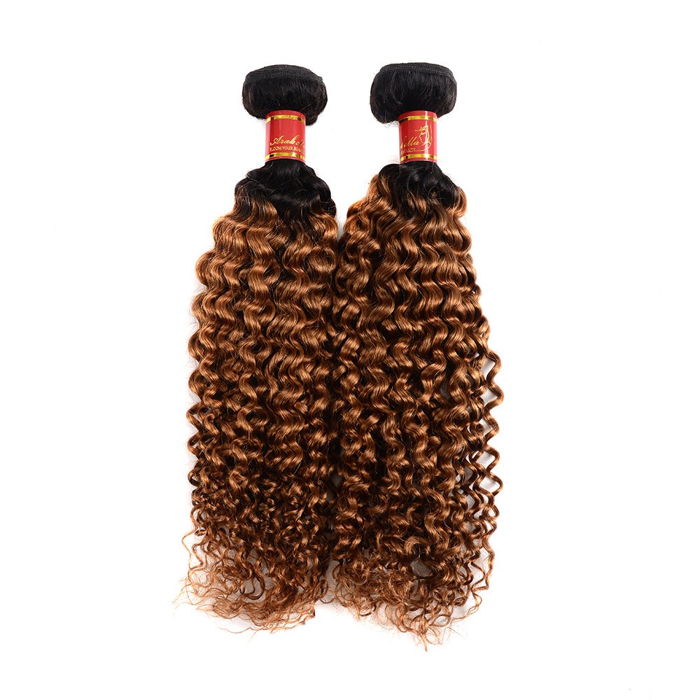 Peruvian Jerry Curl Virgin Human Hair Bundle, Grade 15A Double Drawn, Color T1B30, 3 bundles/package