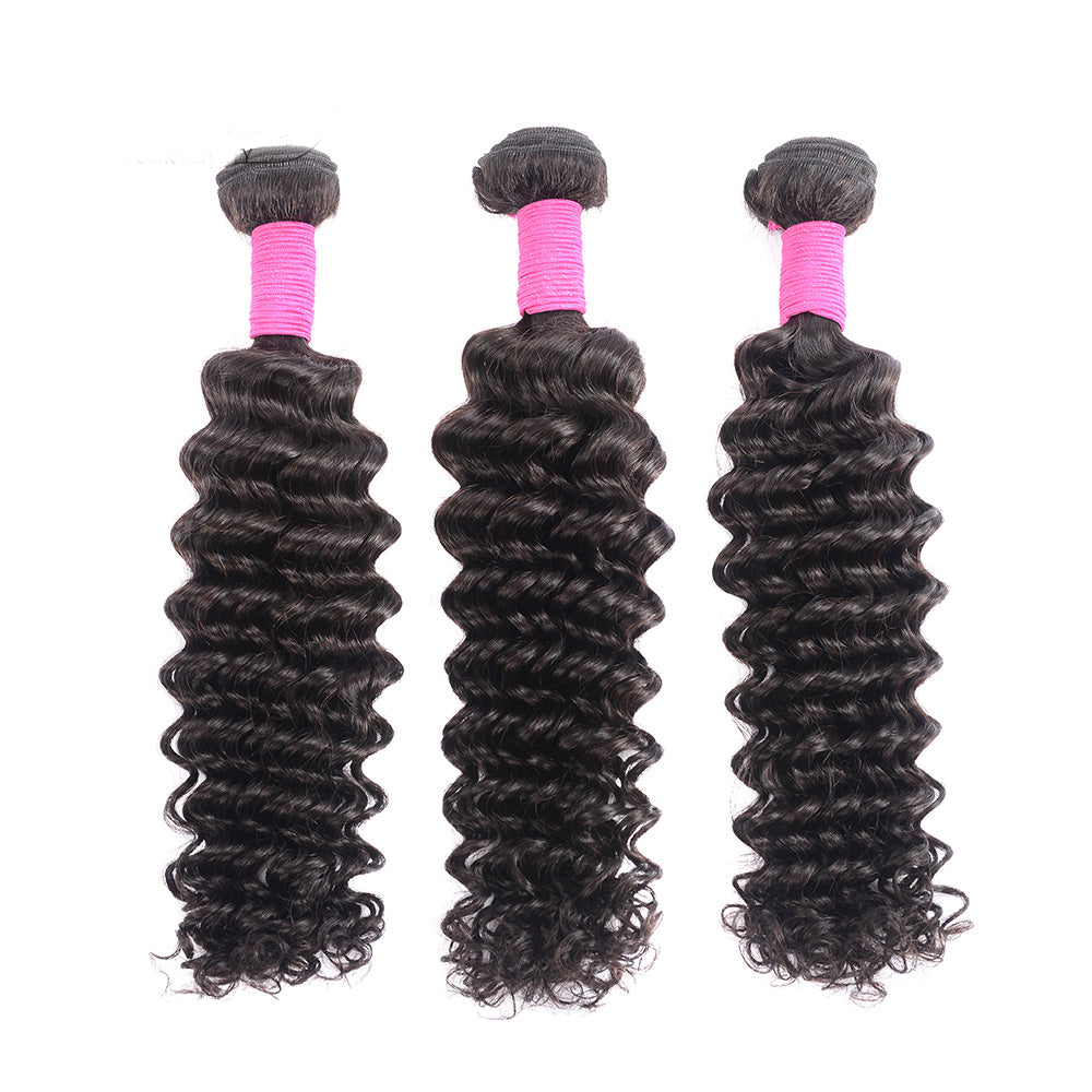 Peruvian Deep Wave Unprocessed Virgin Human Hair, Grade 12A, Color 1B Natural, 3 bundles/package