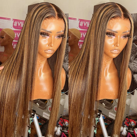 Brazilian Silky Straight Honey Blonde Highlight 13x6 Transparent Lace Front Human Hair Wigs