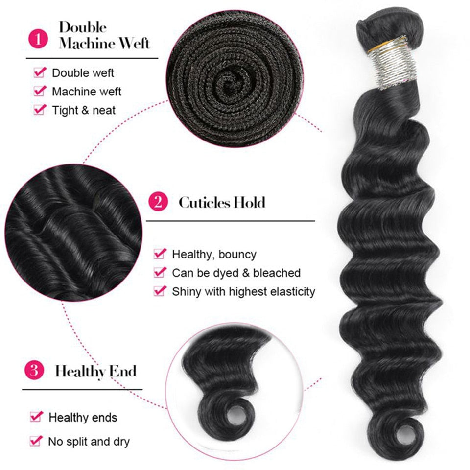 Virgin Remy Brazilian Loose Deep Wave Human Hair Bundle - Double Drawn, Grade 15A, Color - Natural 1B