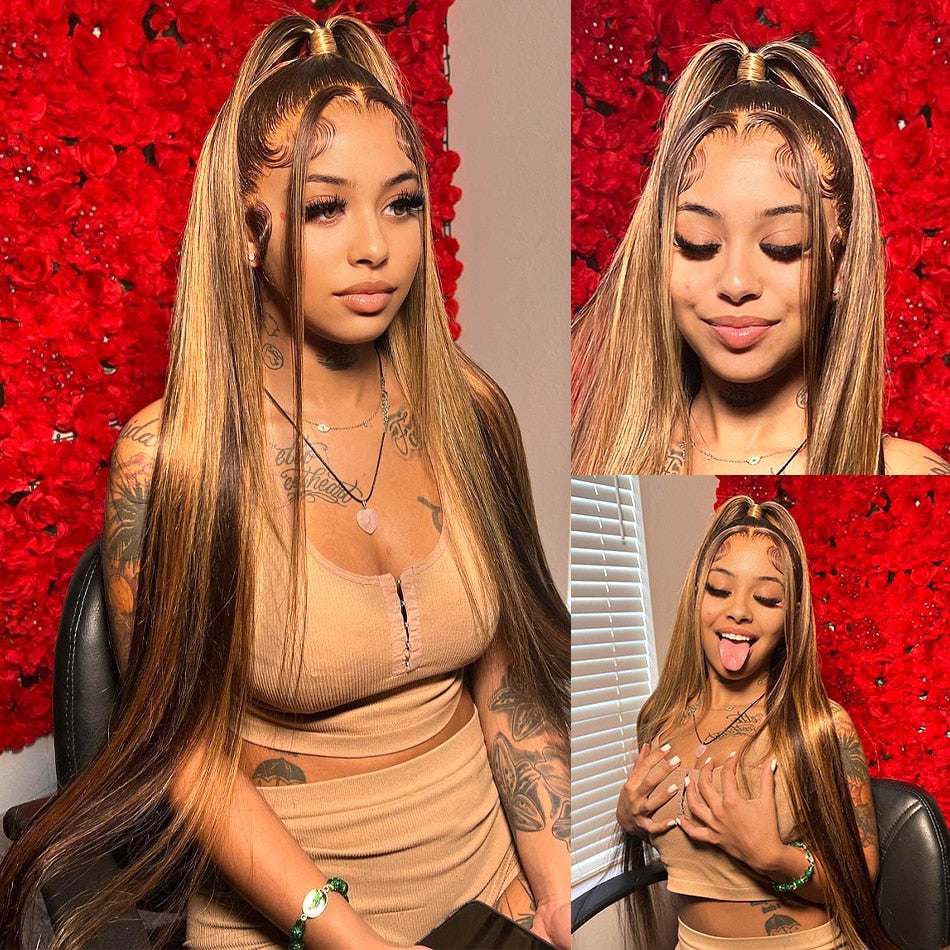 Brazilian Silky Straight Honey Blonde Highlight 13x6 Transparent Lace Front Human Hair Wigs