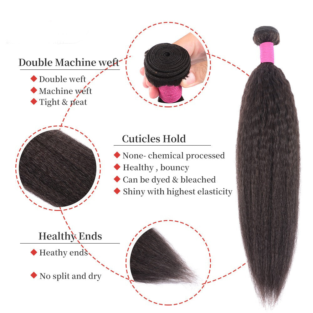 Yaki Straight Human Hair Bundle, Indian Human Hair Extension, Grade 12A, Color 1B, 3 bundle/package