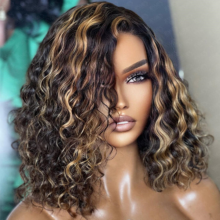 Glueless Honey Blonde Highlight Deep Wave 13x4 HD Lace Front Human Hair Bob Wig
