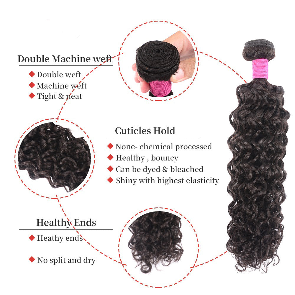 Virgin Malaysian Water Wave Grade 12A Human Hair, Color 1B Natural, 3 bundles/package